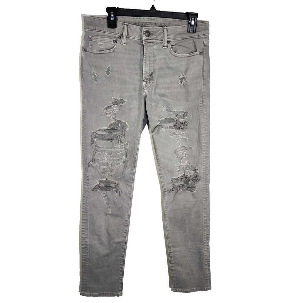 American Eagle Mens Slim Jeans Size 31X32 Gray Denim AirFlex Distressed Straight